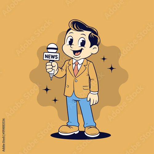Cartoon Reporter Holding Microphone with News Logo Reporting Live Event on Orange Background