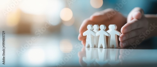 The paper cutout figures protected by caring hands on reflective surface