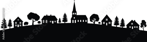 Village skyline silhouette with church and houses on hill, rural landscape scene in black vector illustration isolated on white background