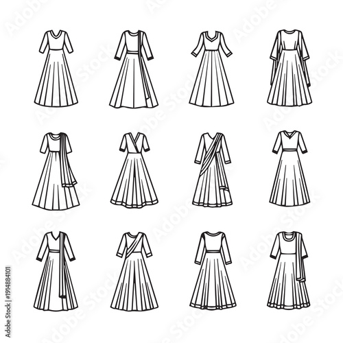 Indian Dresses Line Art Collection - Anarkali, Salwar Kameez, Kurti Designs