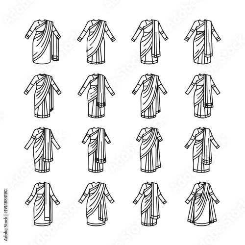 Indian Sari Draping Styles Collection Line Art Illustrations