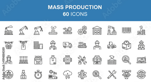 Set of 60 Black and White Icons Depicting Mass Production and Industrial Processes
