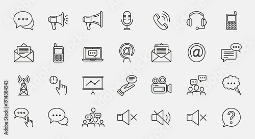 Set of Communication and Media Icons for various digital platforms and web design