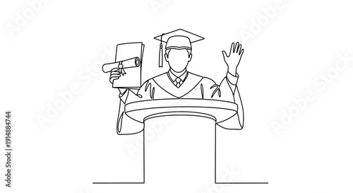 A graduate in a cap and gown stands at a podium, holding a diploma and waving, symbolizing academic achievement and commencement ceremonies.