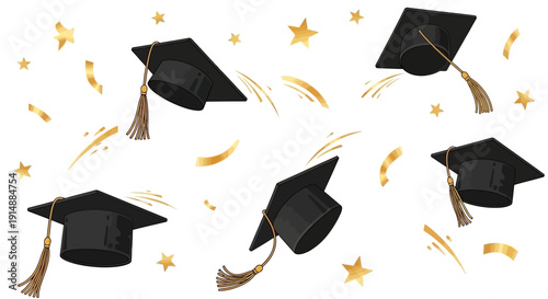 A collection of graduation caps with golden confetti and stars, symbolizing academic achievement and celebration.