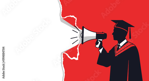 Silhouette of a graduate in cap and gown holding a megaphone, announcing something.