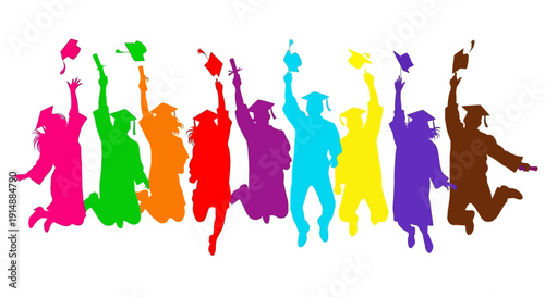 Colorful silhouettes of graduating students jumping and throwing their caps in the air, celebrating their academic achievement and future.
