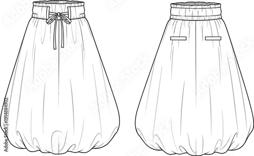 Women Casual Bubble Skirt and High Waisted Midi Skirt Fashion Technical Sketch Vector Illustration for Apparel Design and Tech Pack