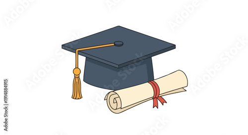 A cartoon illustration of a dark blue graduation cap with a gold tassel next to a rolled-up diploma scroll tied with a red ribbon, symbolizing academic achievement and completion.