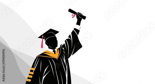 A silhouette of a graduate in cap and gown holding a diploma high, celebrating academic achievement and success.