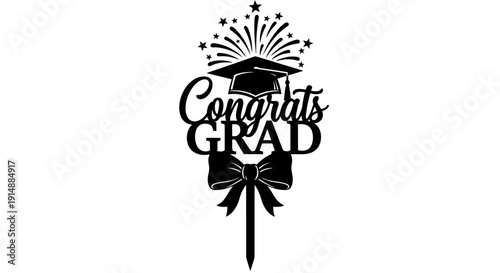 Black silhouette Congrats GRAD cake topper design with graduation cap, fireworks, and bow.