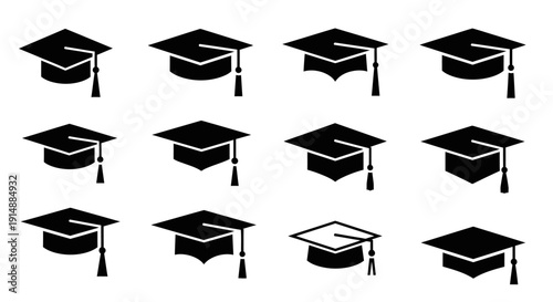 A collection of twelve black graduation caps with tassels, symbolizing academic achievement and education.