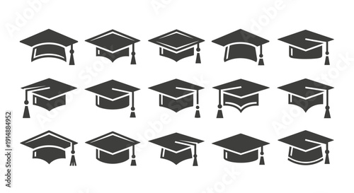 A collection of fifteen black and white graduation cap icons with tassels, representing academic achievement and education.