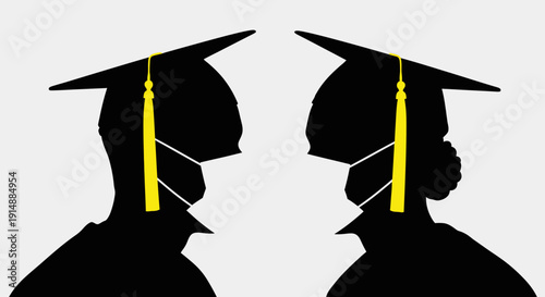 Two silhouettes of graduates wearing face masks and graduation caps, facing each other.