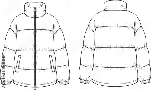 Women Casual Puffer Jacket with High Stand Collar and Quilted Padding Fashion Technical Sketch Vector Illustration for Apparel Design Templates