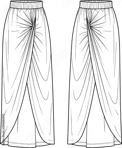 Women Casual Sarong Style Draped Maxi Skirt with Front Knot Detail Fashion Technical Sketch Vector Illustration for Apparel Design Templates