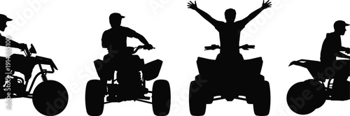 Black silhouette set of people riding all-terrain vehicles and quad bikes, off-road adventure, extreme sports, outdoor recreation, and adrenaline concept.