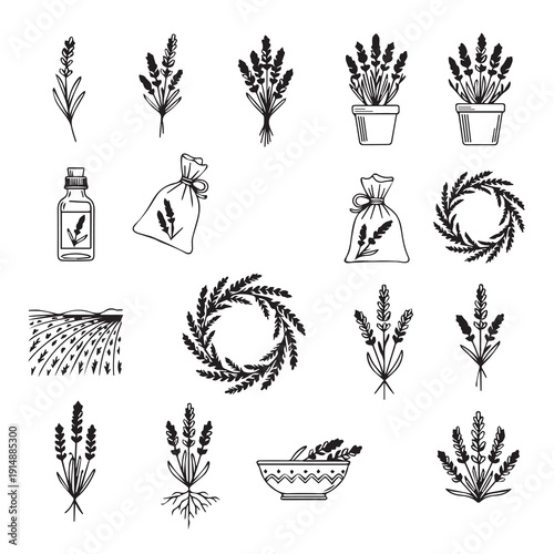 Lavender Plant Icons: Flowers, Oil, Sacks, Wreaths, Field, Bowl