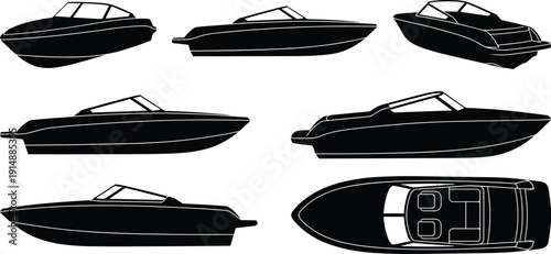 Collection of modern speed boat silhouettes featuring various angles including side profiles, perspective views, and a detailed overhead deck plan.