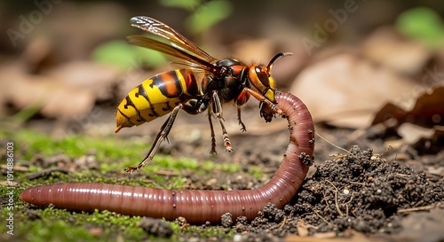 Close up of a hornet insect perched on a worm against a blurry background