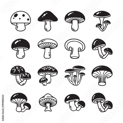 Mushroom Icons Collection, Different Types, Black and White Vector Graphics