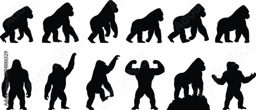 Large collection of gorilla silhouettes featuring various poses including walking, climbing, standing, pounding 
