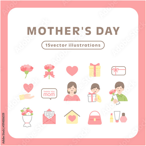 母の日のやさしいフラットアイコンセット｜カーネーションとギフトのベクターイラスト