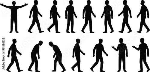 Set of black dog silhouettes showing different sitting poses, movement, and submissive behavior, ideal for veterinary, training, or animal behavior designs.