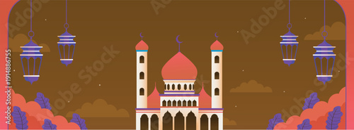 abstract landscape brown background with mosque ornaments