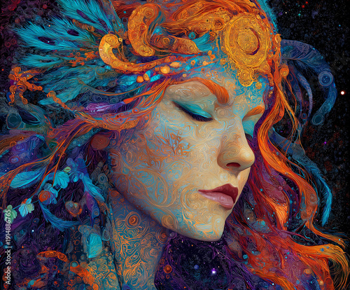 Ethereal Ornate Woman Portrait With Floral Headdress in Surreal Gold and Teal Illustration