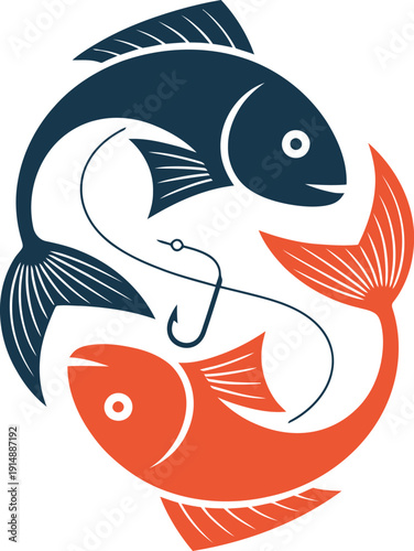 Two Fish in Yin Yang Formation with Fishing Hook and Color Accents