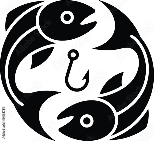 Yin Yang Symbol Made of Two Fish and a Fishing Hook