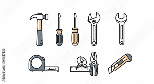 Assorted hand tools including hammer, screwdrivers, wrenches, and pliers arranged neatly on white background from a straightforward viewpoint
