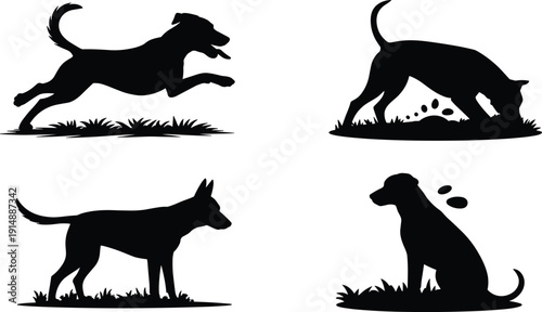 Set of silhouette vector dogs in different poses, running, digging, standing, and sitting on grass, canine pet animal behavior icons,