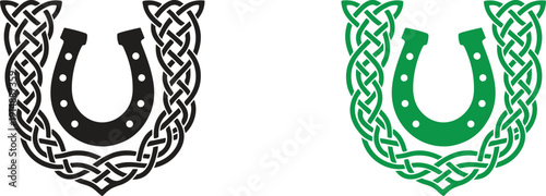 Saint Patrick’s Day Horseshoe with Celtic Knot Ornament Vector, Irish Lucky Symbol Illustration Isolated on White Background