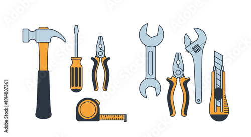 Assorted tools including hammer, pliers, and screwdrivers arranged on a clean surface, showcasing various equipment used for repairs and maintenance from a straightforward viewpoint.