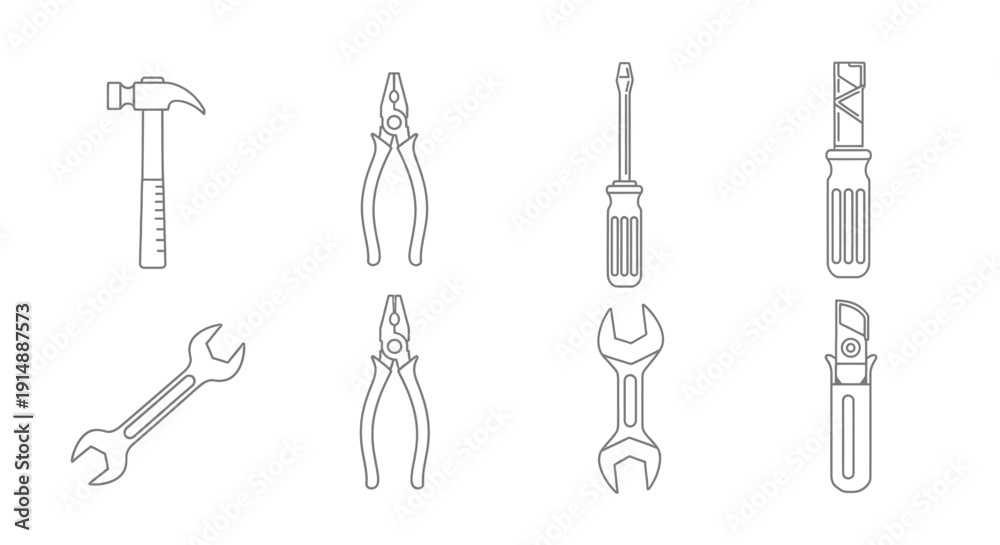 Obraz premium Collection of various hand tools including hammer, pliers, wrenches, and screwdrivers displayed in a grid layout on a clean background