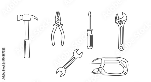 Collection of various hand tools including hammer, pliers, screwdriver, wrench, and adjustable wrench on a clean background
