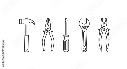 Line art illustration of various tools including hammer, pliers, screwdriver, and wrench on a plain background from a straightforward viewpoint