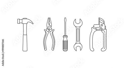 An assortment of tools including hammer, pliers, screwdriver, wrench, and clamp are arranged neatly in a simple black line drawing style on a plain background.