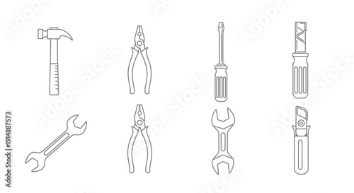 Collection of various hand tools including hammer, pliers, wrenches, and screwdrivers displayed in a grid layout on a clean background