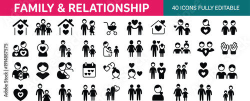 Set of silhouette vector family and relationship icons, parents with children, couples in love, and heart symbols for social design,