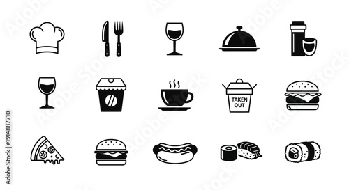 Minimalist Restaurant Icons: Culinary Symbols for Food, Drink, and Dining Concepts
