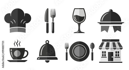 Minimalist Restaurant Icons Depicting Culinary Elements and Dining Essentials