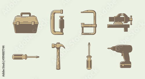 Collection of various tools and equipment displayed on a neutral background from a straightforward viewpoint