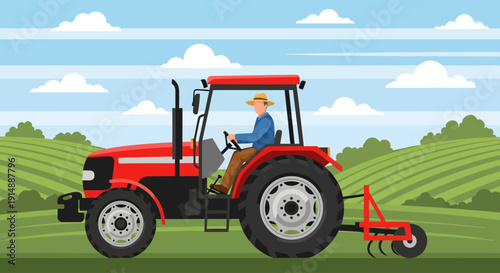 A farmer wearing a straw hat steers a bright red tractor across lush rolling hills, pulling a plow through the green fields under a scenic blue sky scattered with clouds