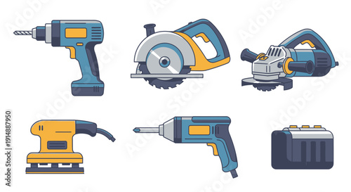 Collection of power tools including drills and saws on a clean white surface viewed from directly above