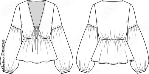 Women Elegant Deep V Neck Peplum Blouse with Bishop Sleeves and Front Tie Detail Fashion Technical Sketch Vector Illustration Set