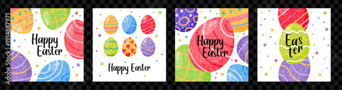 Happy Easter banner collection for social media or greeting card. Funny doodle patterned eggs composition.