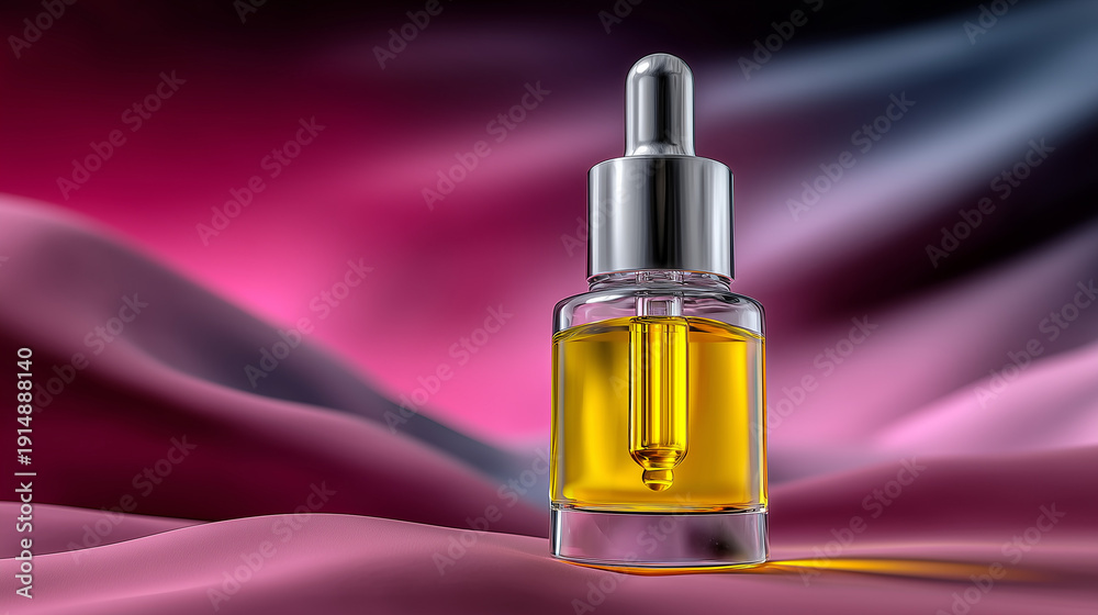 Naklejka premium Single minimalist glass bottle with pipette dispenser filled with luminous golden facial oil, soft rose quartz-pink backdrop, subtle glow
